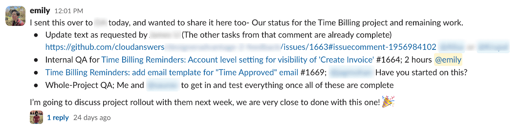 Project overview message in Slack