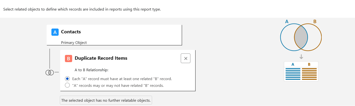 Custom Report Type configuration for Contacts and Duplicate Record Set Items.
