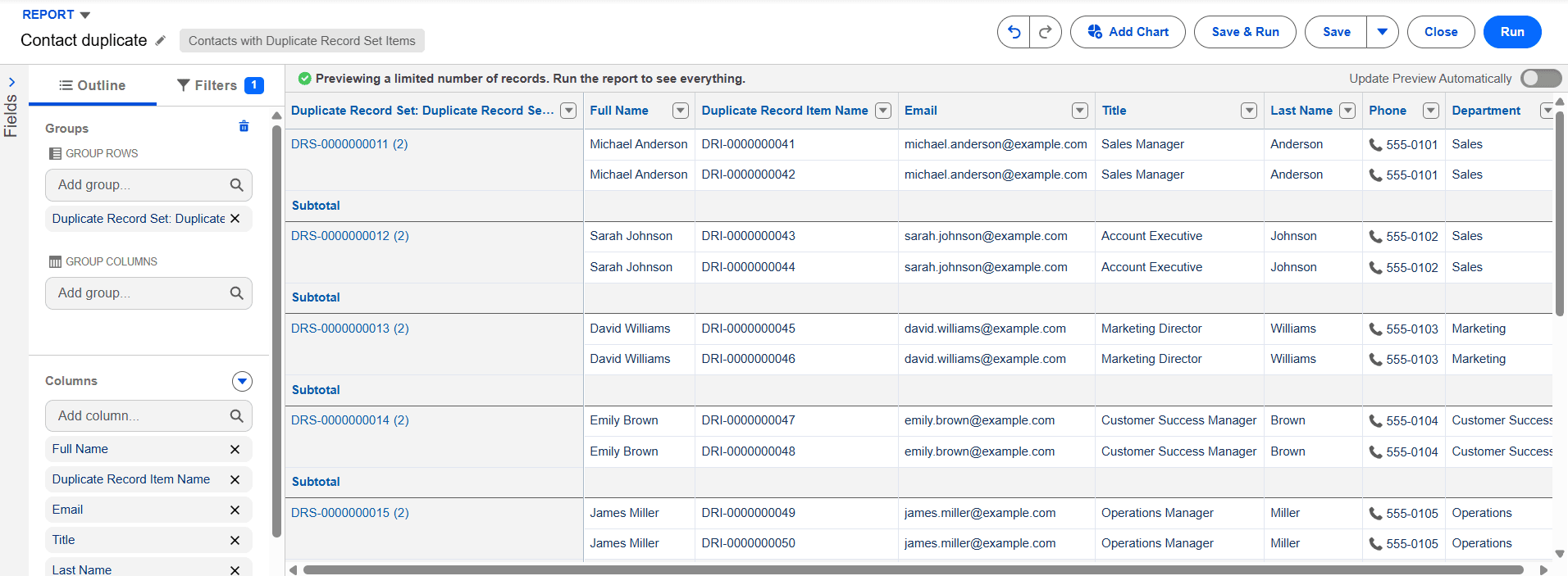 Duplicate Contact report grouped by Duplicate Record Set Name.