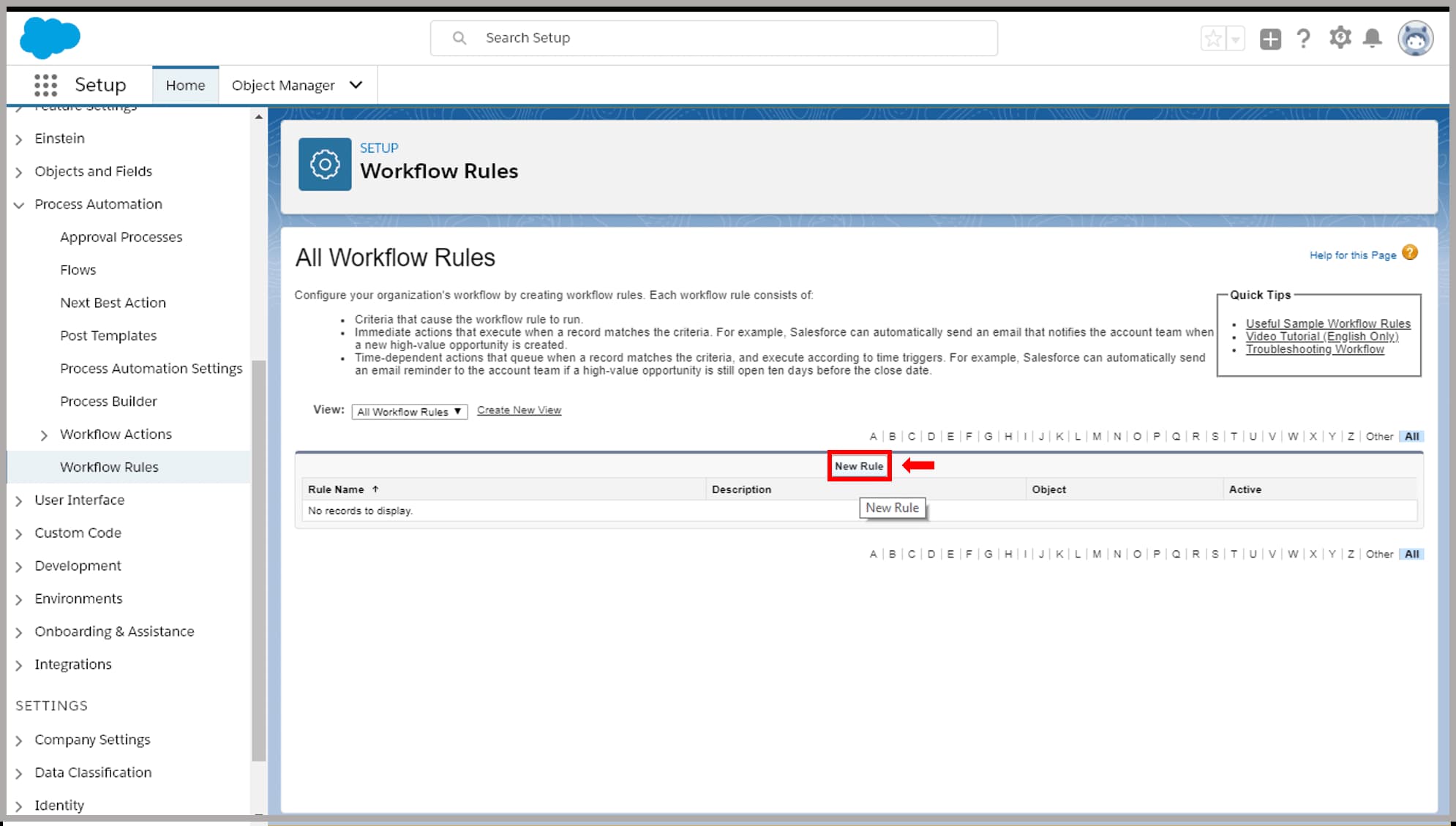 Workflow Rule Screenshot of the window with the process workflow rules setup