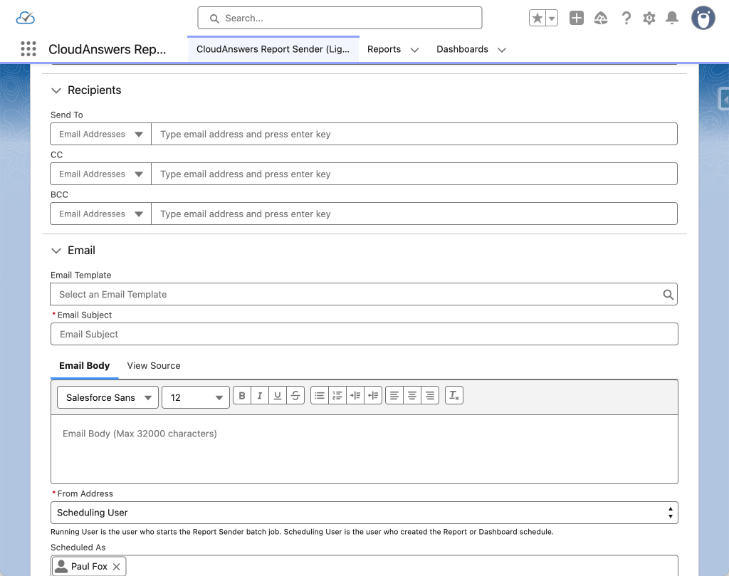 Report Sender new schedule page showing the recipients and email fields.