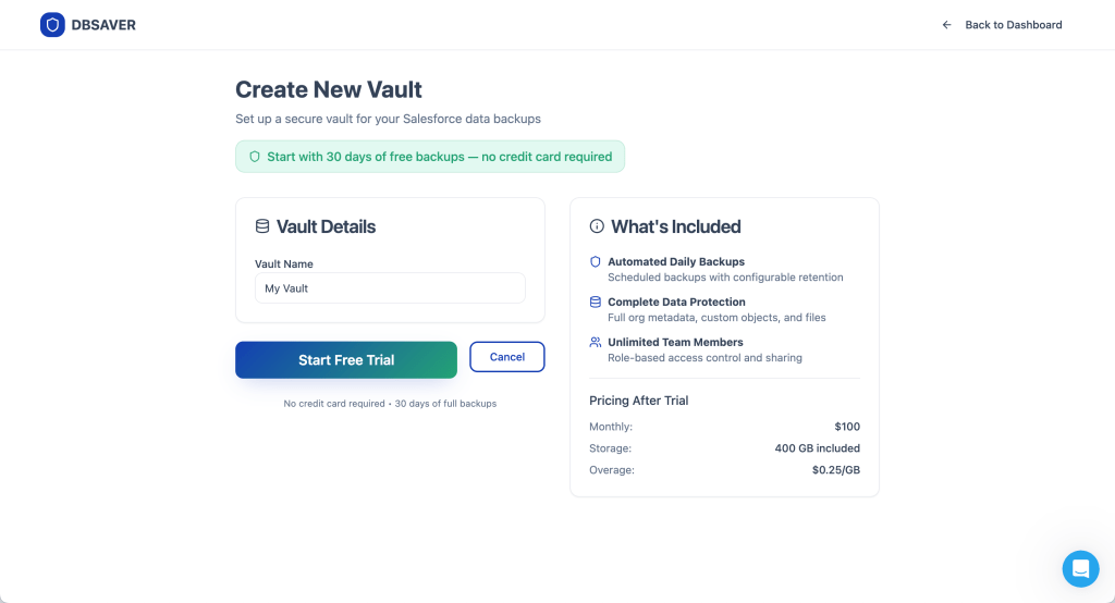 Screenshot of creating a vault on dbsaver.com. All you need is a name.