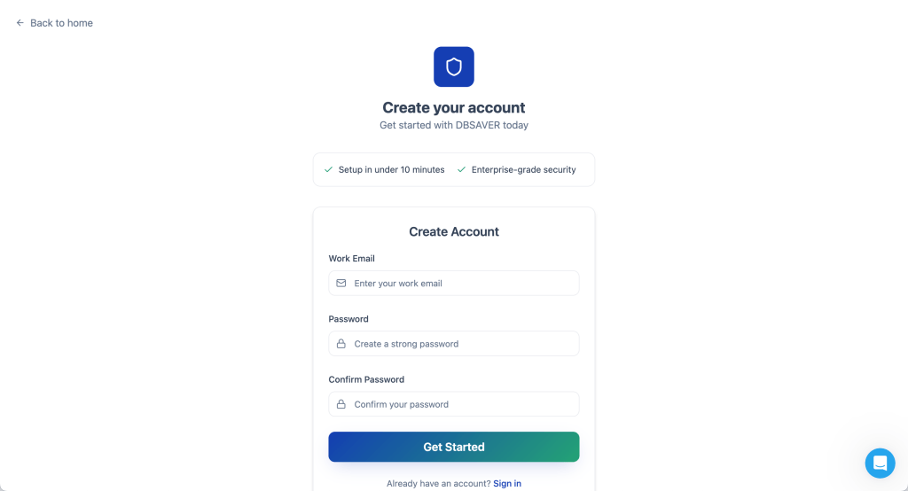 Screenshot of signup page on dbsaver.com