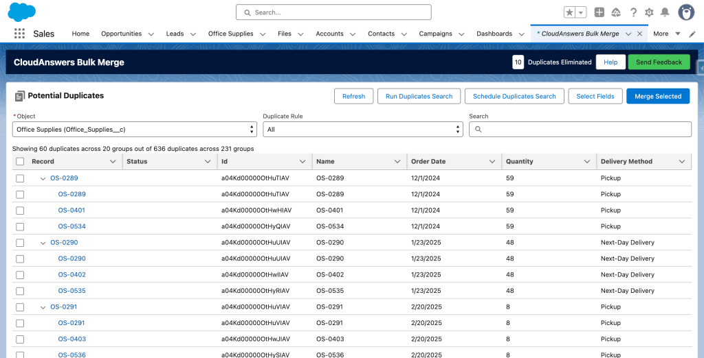 View of the bulk merge tab showing a list of duplicates and tools to search and merge.